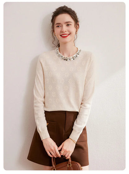 2024 Autumn Elegant Jacquard Fashion Glitter Bead Chain Decoration Round Neck Long Sleeve Women's Knitted Shirt