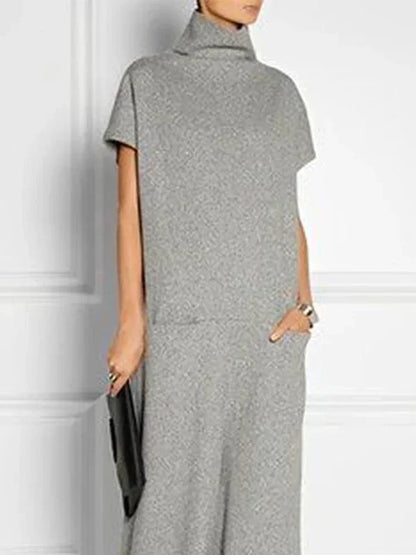 Women's Solid Color High Neck Pockets Elegant Maxi Dresses 2026 New Summer Short Sleeves Loose Urban Casual Long Dress