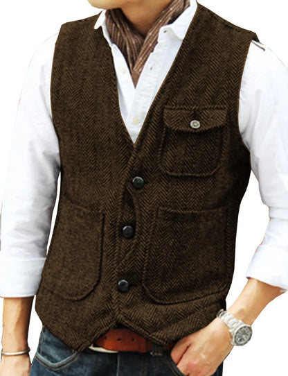 Men's Single Breasted Herringbone Suit Vest Casual Business Dinner Party Dress Mail Waistcoat Top Coat Wedding Groomsman's Dress