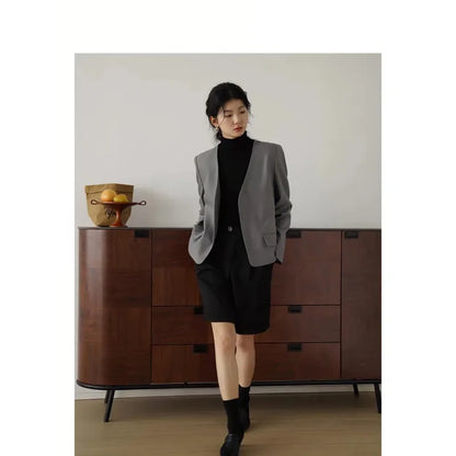 Womens Gray Collarless Blazer Cropped Open Front Suit Jacket Casual Office Outerwear