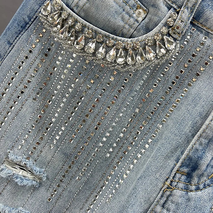 High Waist Wide Leg Jeans Women's Summer Loose Slimming Diamond Embedded Long Pants Break Hole Denim Pants Hong Kong Sle ...