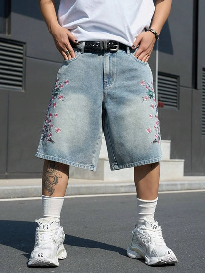 Men's Light Blue Cherry Blossom Embroidered Denim Shorts, Loose Wide-Leg Streetwear Trendy Denim Capris