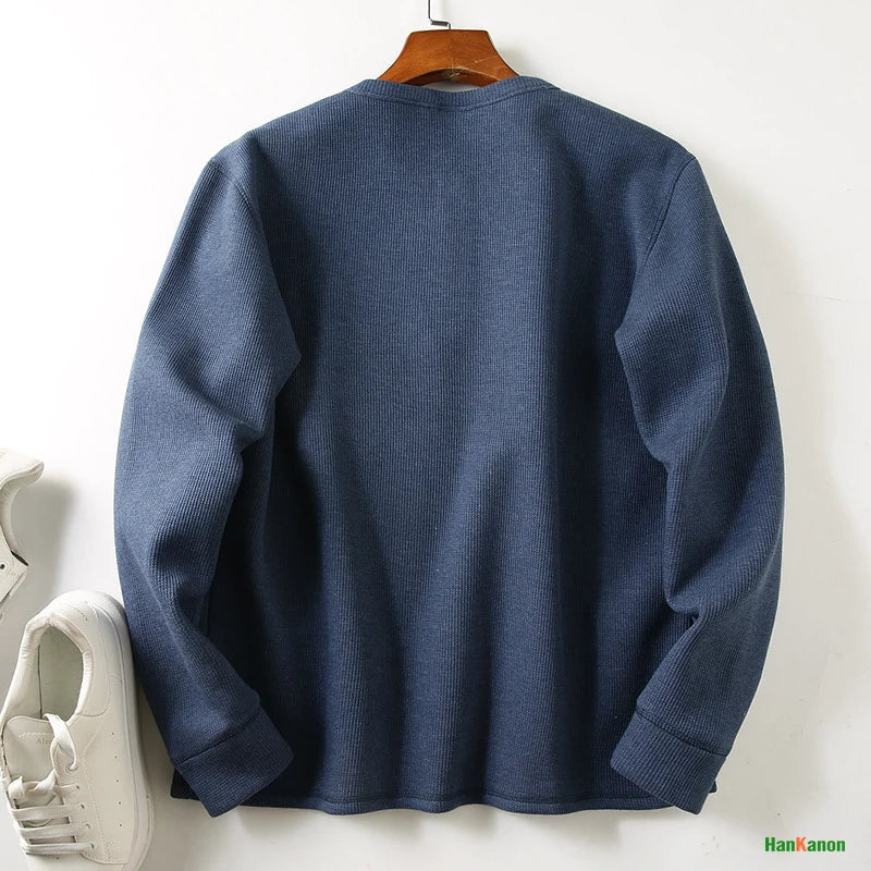 Men's Fleece - Lined Thickened Long - Sleeved Henley Neck Waffle Knit T - Shirt