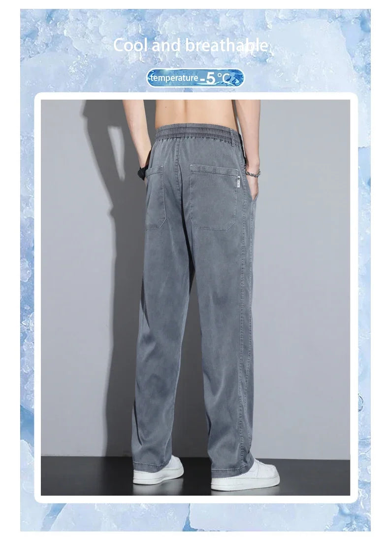 Summer Soft Lyocell Fabric Men's Jeans Thin Loose Straight Pants Drawstring Elastic Waist Korea Casual Trousers Plus Size M-5XL