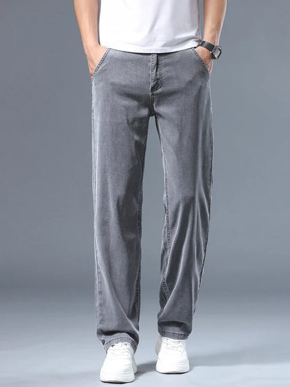 Summer Thin Men's Loose Straight Jeans Lyocell Soft Drape Business Casual Trousers Classic Smoke Gray Brand Ice Silk Pants