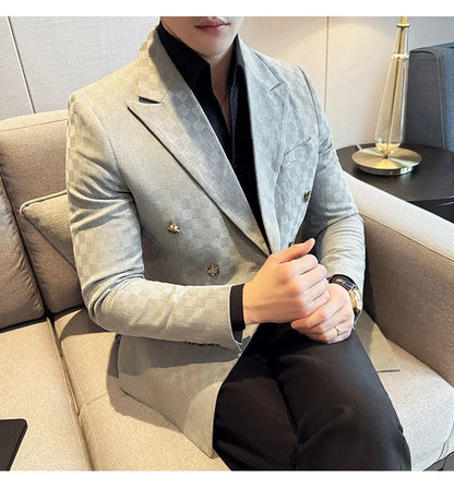 6 Color Luxury Double Breasted Blazers Coats 2024 New Fashion Checkered Business Slim Fit Social   Formal Suit Jacket 5XL-M
