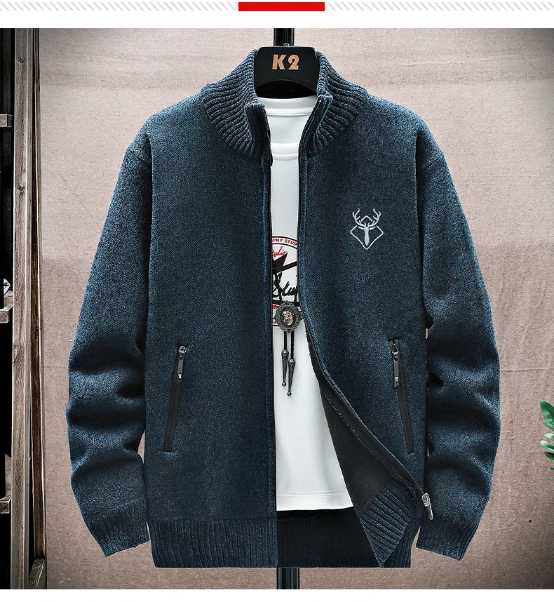 New Men's Fleece Cardigan Sweater Embroidery Casual Knit Sweater Jacket High Quality Male Autumn Winter Clothing