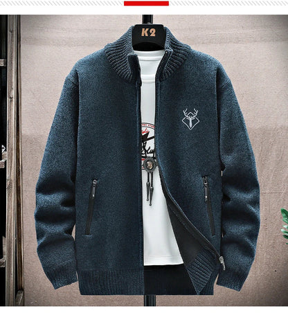 New Men's Fleece Cardigan Sweater Embroidery Casual Knit Sweater Jacket High Quality Male Autumn Winter Clothing