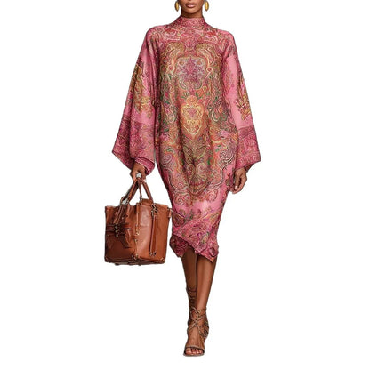 Fashion Print Long Dress Women 2025 Autumn Long Sleeve Loose Half High Collar Maxi Dresses Elegant Robes Femme