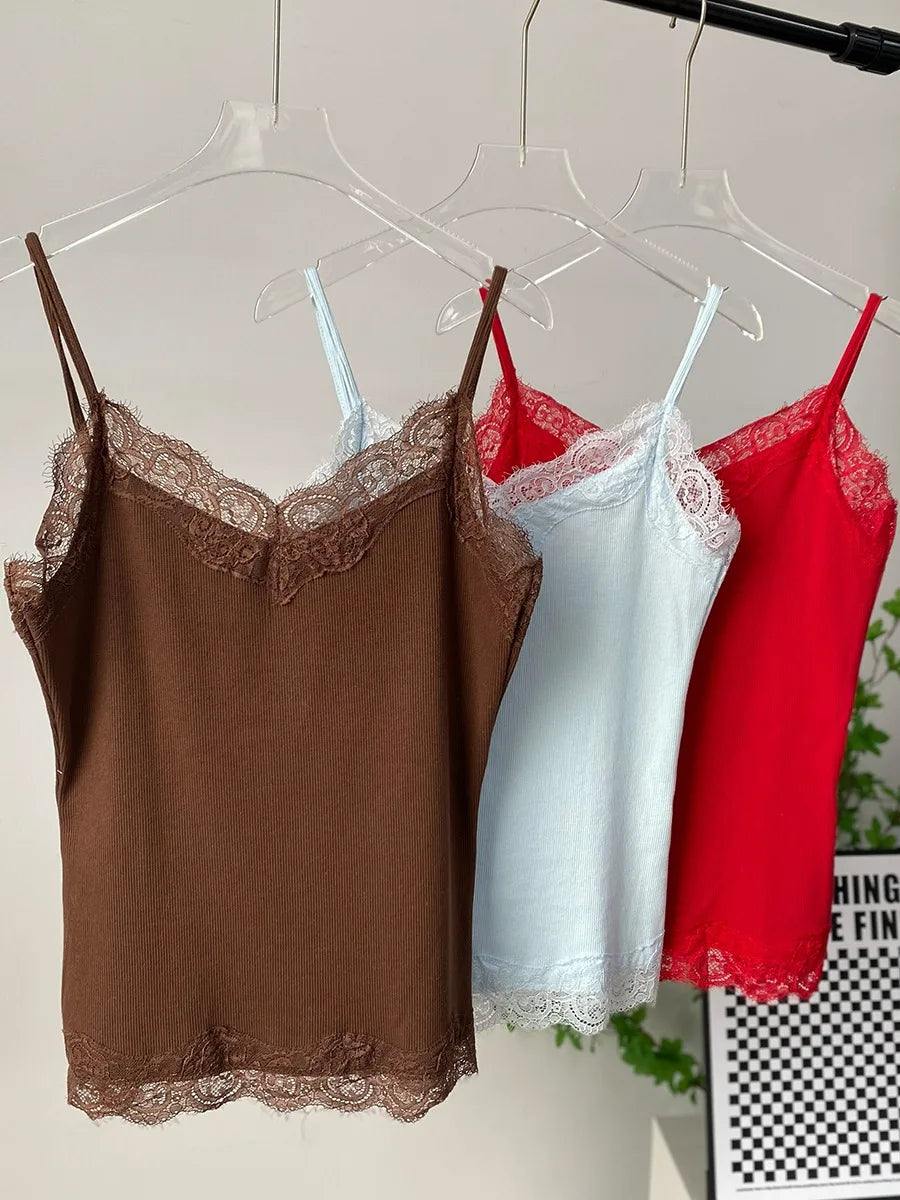 Sexy Cotton Vest Women 2026 Summer Slim Sleeveness Tank Y2k Crop Tops for Girl Outfits Lace Patchwork Female Clothes