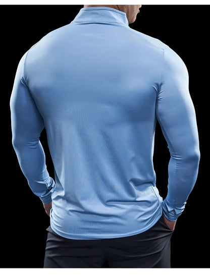 Men Stand Collar Zipper T-shirt Gym Running Training Fitness Bodybuilding Sport Top Quality Elastic Long Sleeve Tight Tops Tees