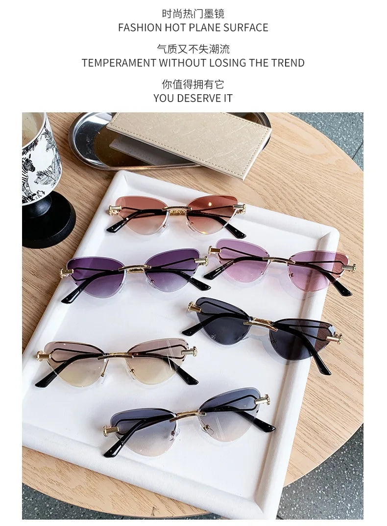 Rimless Cut Edge Cat Eye Sunglasses Gem Inlay Hollow Metal Temple UV400 Gradient Lens Shades for Women Daily Outdoor Sun Glasses