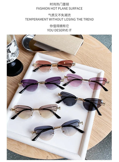 Rimless Cut Edge Cat Eye Sunglasses Gem Inlay Hollow Metal Temple UV400 Gradient Lens Shades for Women Daily Outdoor Sun Glasses