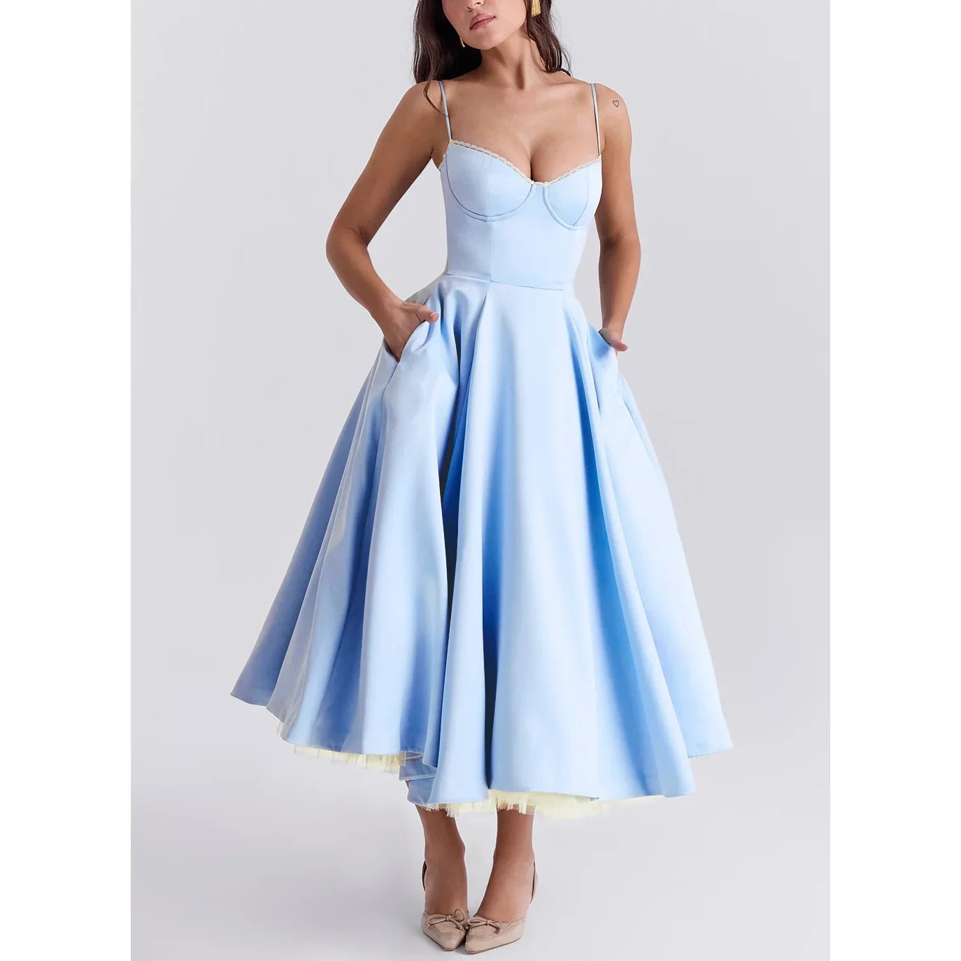 Double Layer European And American Women's New Best-Selling New Type SlingVCollar Sleeveless Dress Pettiskirt Long Skirt