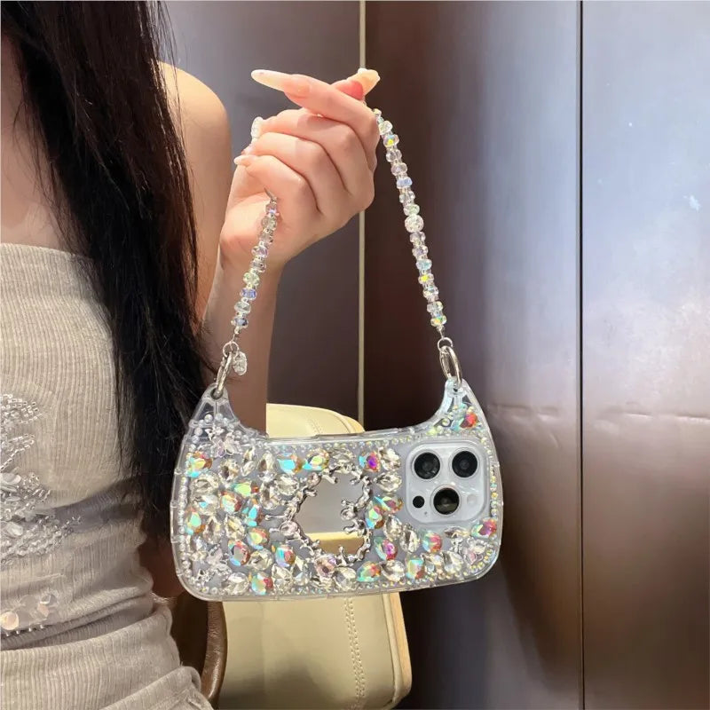 Luxury Bling Rhinestone Hand Bag with Mirror For iphone 17 pro max case 11 12 13 14 15 16 Pro Max Plus Phone Cases For 16 Pro