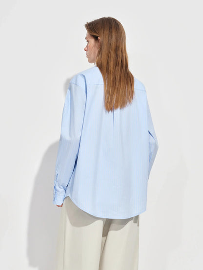 2026 Spring Women's Relaxed Fit Stand Collar Shirt Soft Touch Oversized Blouse White Blue Healing Commute Minimalist Style