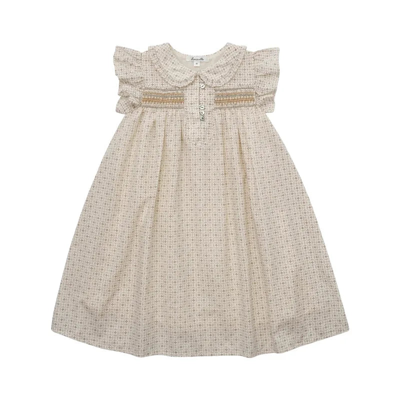 Summer LOU Girls' Printed Cotton Dress Short-Sleeved Handmade Embroidered Wide-Necked Children's Holiday Dress
