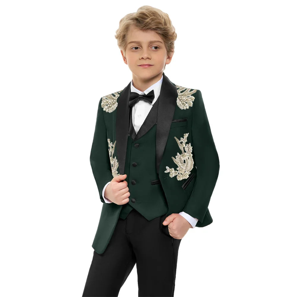 Stunning Luxurious Beaded Kids Suits Set 4 Pieces Handsome Dark Green Children's Tuxedo Party Wear Easter Boys Blazer In Stocks