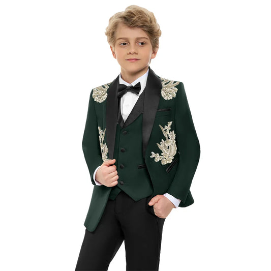 Stunning Luxurious Beaded Kids Suits Set 4 Pieces Handsome Dark Green Children's Tuxedo Party Wear Easter Boys Blazer In Stocks