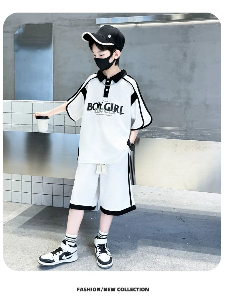 Summer Boys Patchwork Alphabet Preppy T-Shirt Tops+Drawstring Shorts Pant Set School Kids 2PCS Tracksuit Children Outfits 5-16Yr