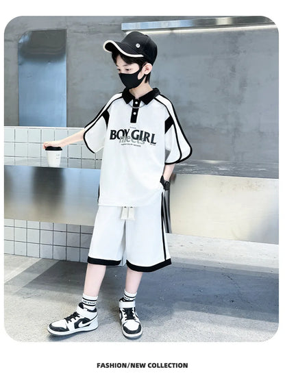 Summer Boys Patchwork Alphabet Preppy T-Shirt Tops+Drawstring Shorts Pant Set School Kids 2PCS Tracksuit Children Outfits 5-16Yr