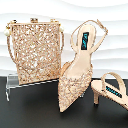 Nigerian Style Elegant Women's Party Shoes  Luxury Full of Diamonds Shoes Sky Blue Pointed High Heel Shoe Bag Set