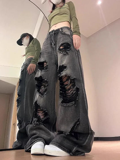 Women's Ripped Jeans Baggy Vintage Aesthetic Streetwear Cowboy Pants Harajuku Oversize Denim Trousers Y2k 2000s Trashy Clothes