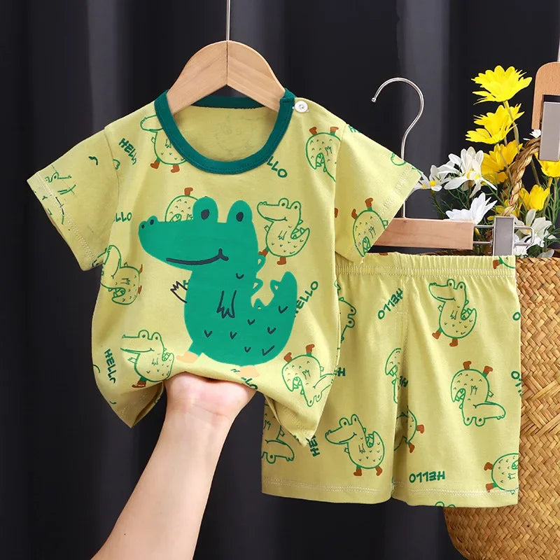 Cotton Short Sleeve T-shirts and Shorts 2PCS Breathable Outfit For Girls New Boys Summer Clothing Set Full Bear Print