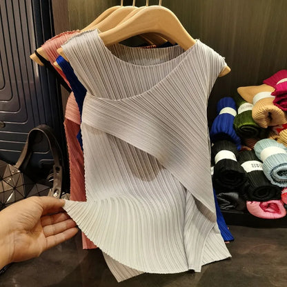 Sleeveless T-shirt Miyake Pleated Summer New Round Neck Slim Thin Versatile Irregular Women's Undershirt Tops Multiple Ways Wear