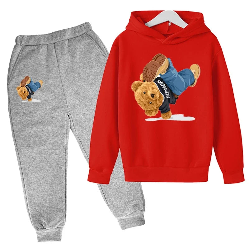 Kids Hoodie Set Cotton Top Pants 2pcs Sets Spring/Autumn Children's Clothing Street Dance Cartoon Bear Print Boys Girls Tops