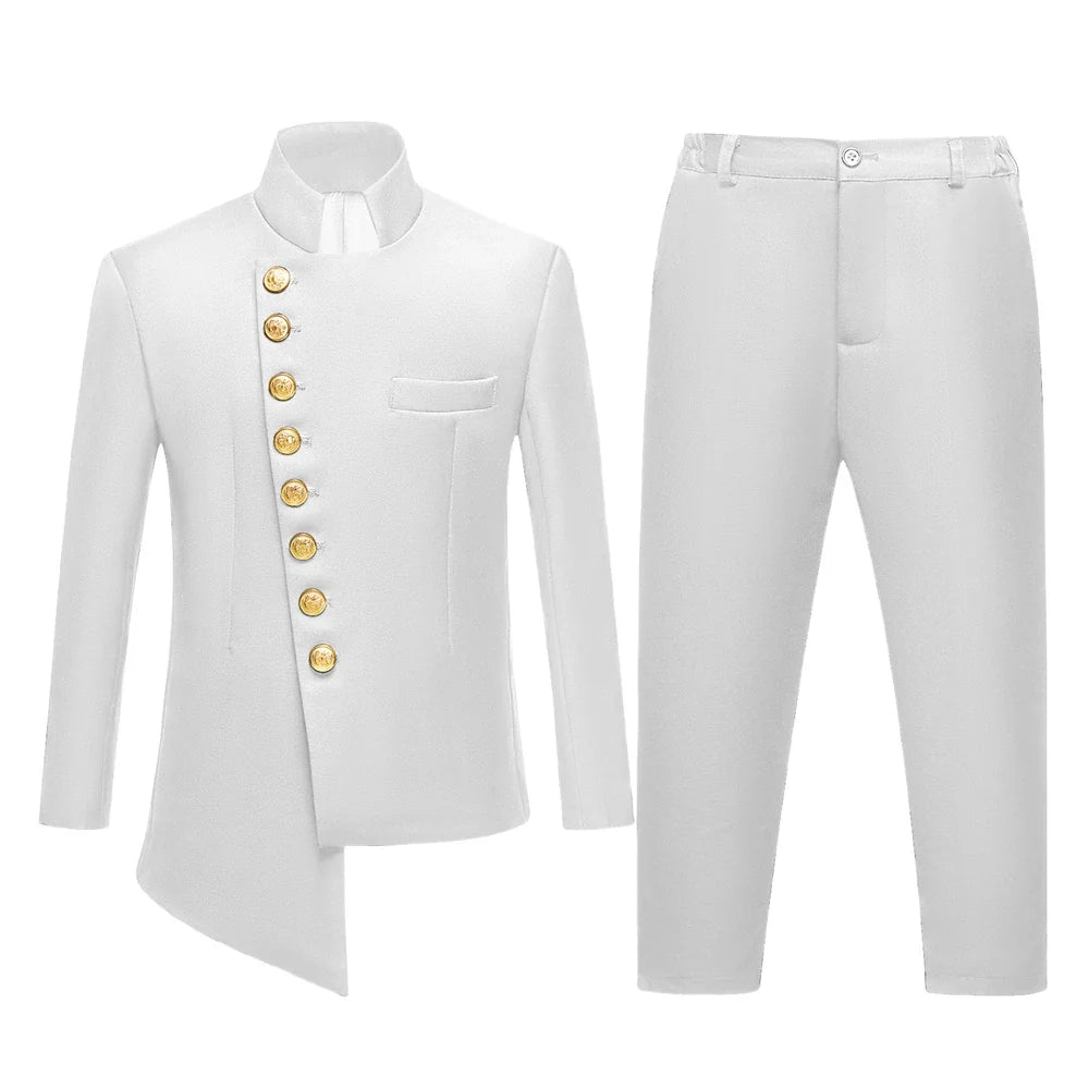 Stand Collar Kids Communion Suit Birthday Party Suits Jacket Pants Golden Buttons 3-14 Y Toddler Tuxedo