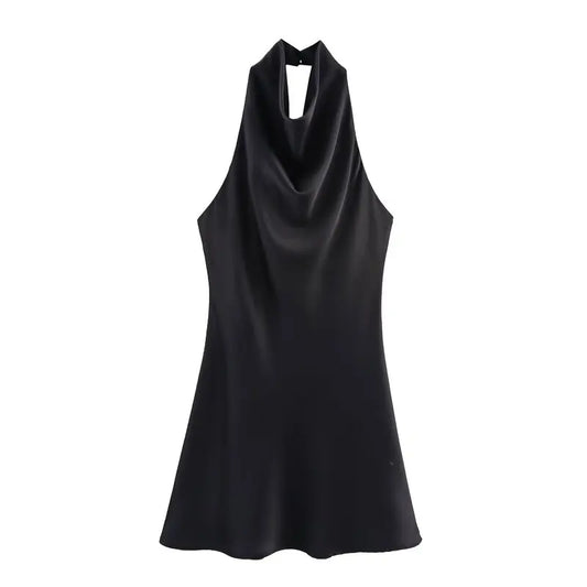 Silk Satin Texture Summer New Arrival Women's  Dr Hanging Ne Collar Gown Soft A-Line Skirt High Waist Pure Color