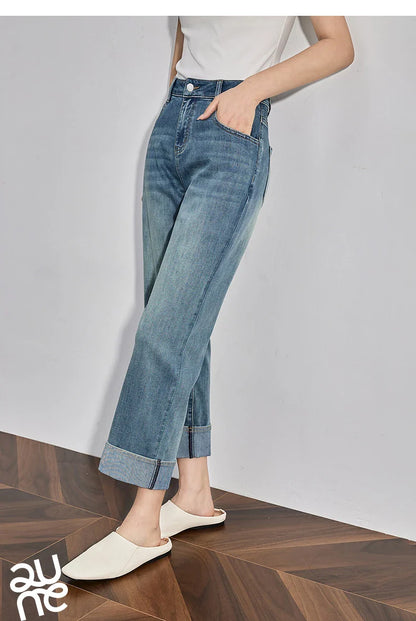 Women Denim Jeans 2025 Spring New Straight Wide Leg Rolling Up Ankle Length Cropped Pants