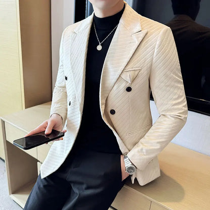 Autumn Winter New Velvet Suit Jacket Men Double-Breasted Striped Slim Fit Casual Coats High Quality Formal Business Tailcoat