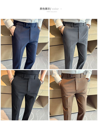 Autumn Winter Thick Suit Pants Men Elastic Waist Business Classic Straight Striped Formal Pants High Quality Slim Fit Trousers