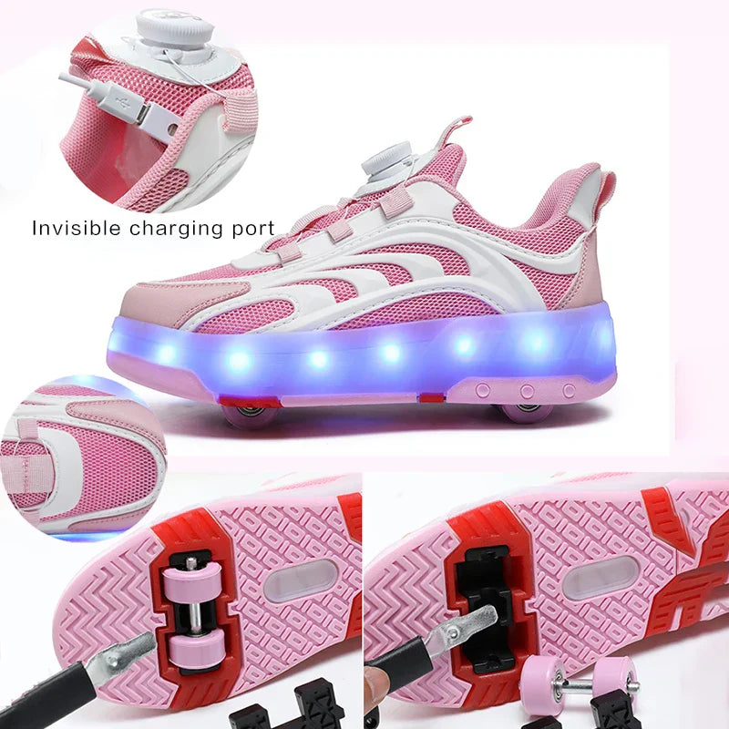 New Kids Wheels Roller Skate Shoes Boys Girls Swivel Buckle LED Light Luminous rechargeable Outdoor Children's Casual Sneakers