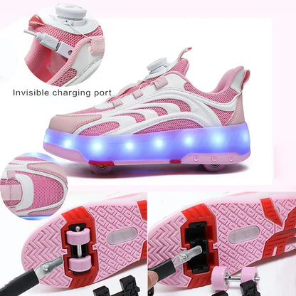 New Kids Wheels Roller Skate Shoes Boys Girls Swivel Buckle LED Light Luminous rechargeable Outdoor Children's Casual Sneakers