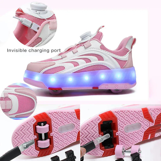 New Kids Wheels Roller Skate Shoes Boys Girls Swivel Buckle LED Light Luminous rechargeable Outdoor Children's Casual Sneakers