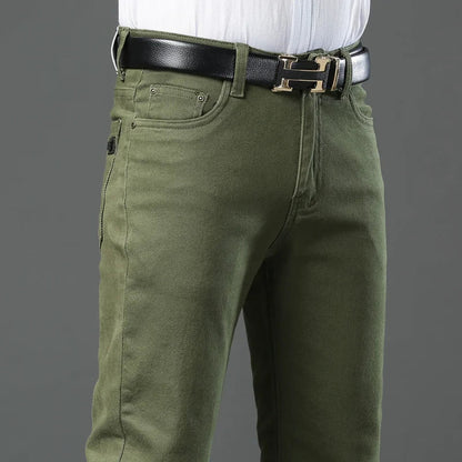Autumn 96% Cotton Men's Stretch Slim Jeans Army Green Soft Comfortable Casual Straight Denim Pants Trousers Large Size 42