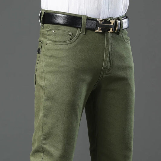Autumn 96% Cotton Men's Stretch Slim Jeans Army Green Soft Comfortable Casual Straight Denim Pants Trousers Large Size 42
