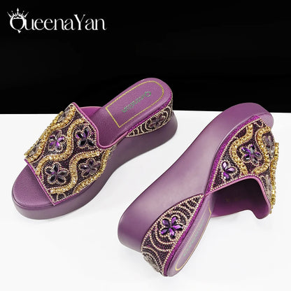 New Arrival Mature Style Platform Design Rhinestone Decoration Peep Toe Lady Shoes and Bag Set for Party Wedding