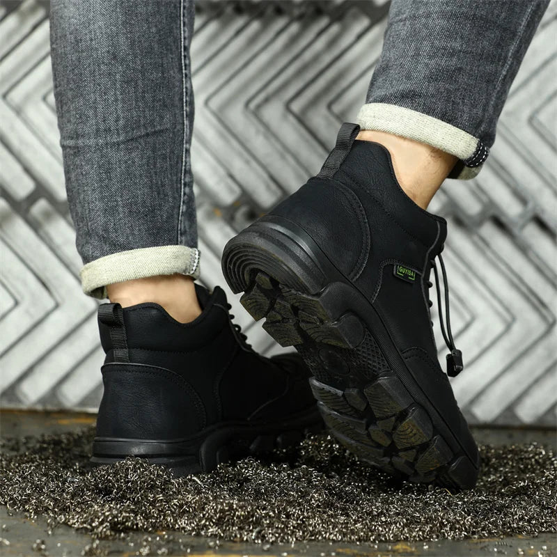 Black Leather Work Safety Shoes Waterproof Indestructible Steel Toe Cap Labor Shoes For Men Breathable Anti Smashing Sneakers