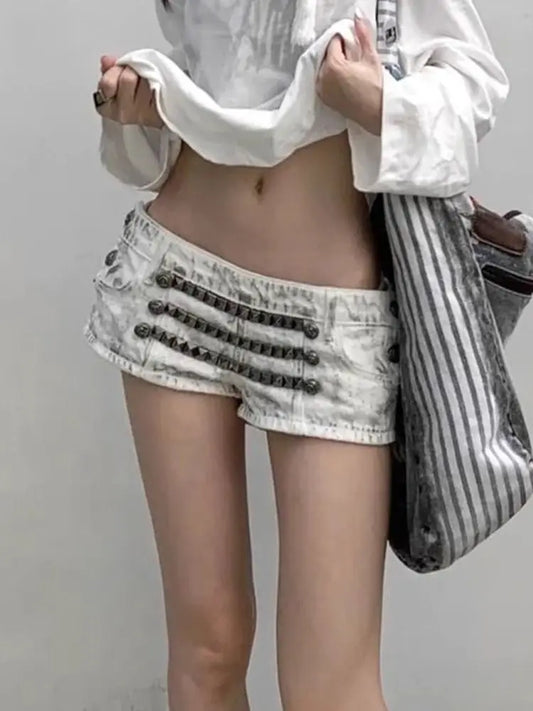 Y2k Gothic Low Waist Women Jorts Vintage Punk Sexy American 2000s Chain Denim Shorts Slim Casual High Street Hot Pants