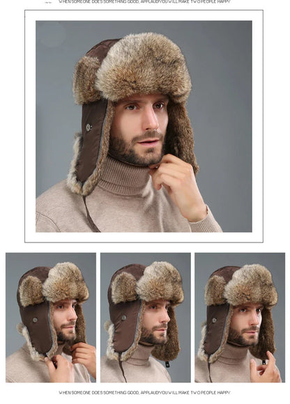 Russia Winter Real fur Hat Unisex Outdoor Windproof Super Warm Real Rabbit Fur Bomber Hats Natural Soft Natural Rabbit Fur Caps