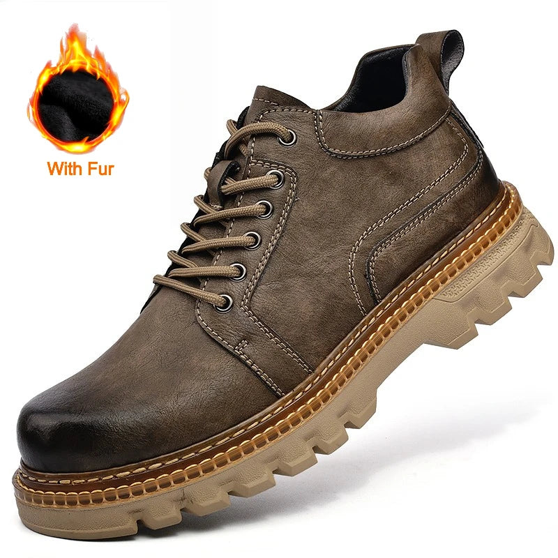 Genuine Leather Men Boots Cow Leather Upper Durable Sole Lace up Autumn Winter Boots Fur Daily Leisure Outdoor Shoes For Man New