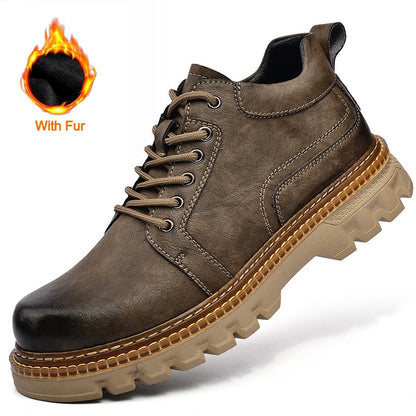 Genuine Leather Men Boots Cow Leather Upper Durable Sole Lace up Autumn Winter Boots Fur Daily Leisure Outdoor Shoes For Man New