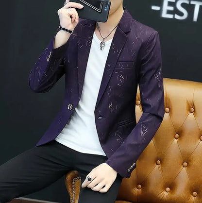 Autumn 2024 New Men's Fashion Print Men Casual Business Blazer Mens Slim Suit Jacket White Male Thin Coat