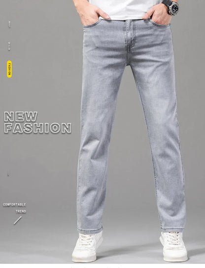 Summer Brand Men's Fit Straight Lightweight Cotton Stretch Jeans Business Casual High Waist Thin Light Grey Jeans mens pants
