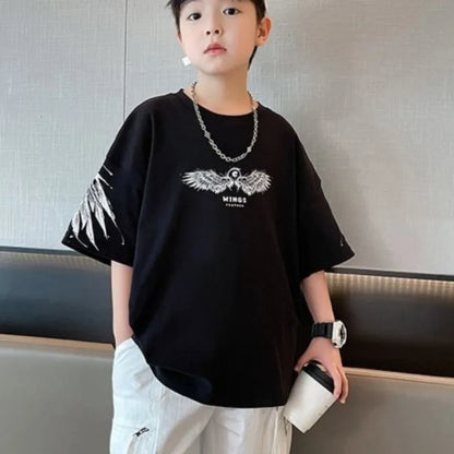2026 Summer Kids Wing T-Shirt Cotton Loose Stylish Boy's Shirt Big Kids Summerwear