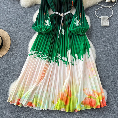 Ele High-End Women's Dr Faionable Beaded round Ne Hollow out Pleated Lantern Sve Waist Cinched Floral Print Lon...